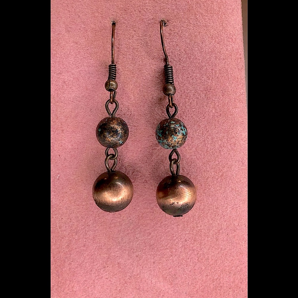 Long Copper Bead Earrings With Patina 1 3/4 Long